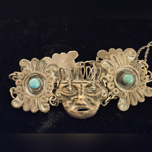 Vintage Sterling Silver & Green Turquoise Bracelet 1940's Taxco Mexico